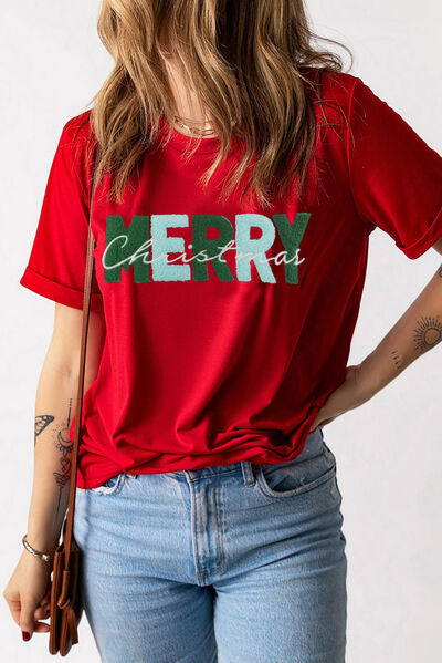 MERRY CHRISTMAS Round Neck Deep Red Short Sleeve T-Shirt