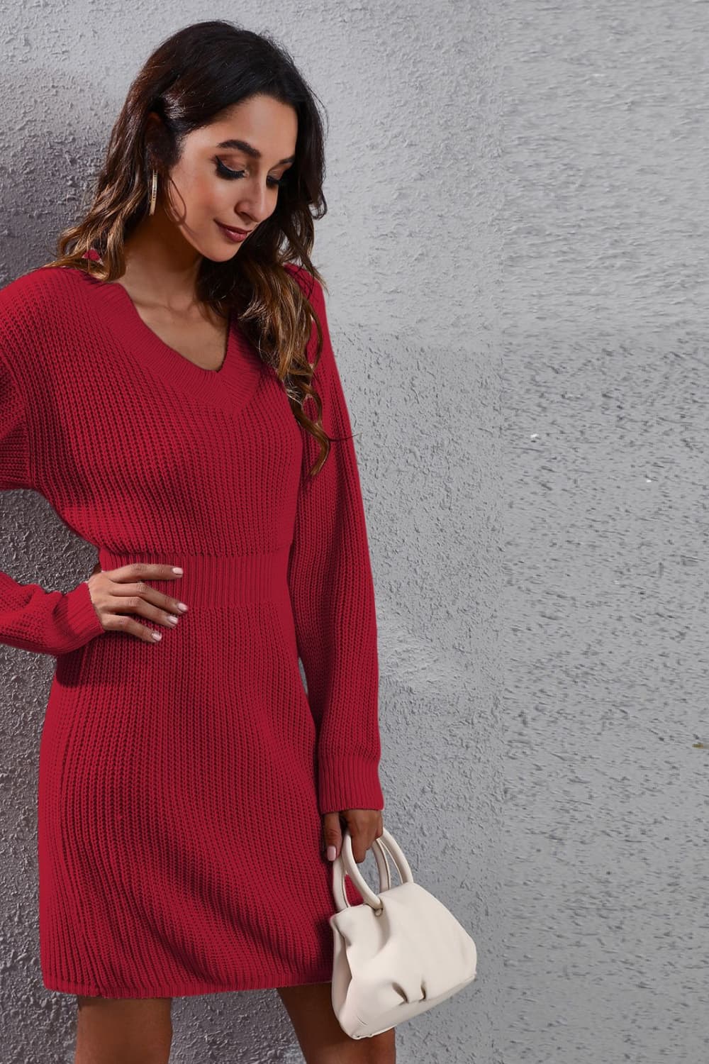 Avery Aria V-Neck Long Sleeve Rib-Knit Sweater Dress