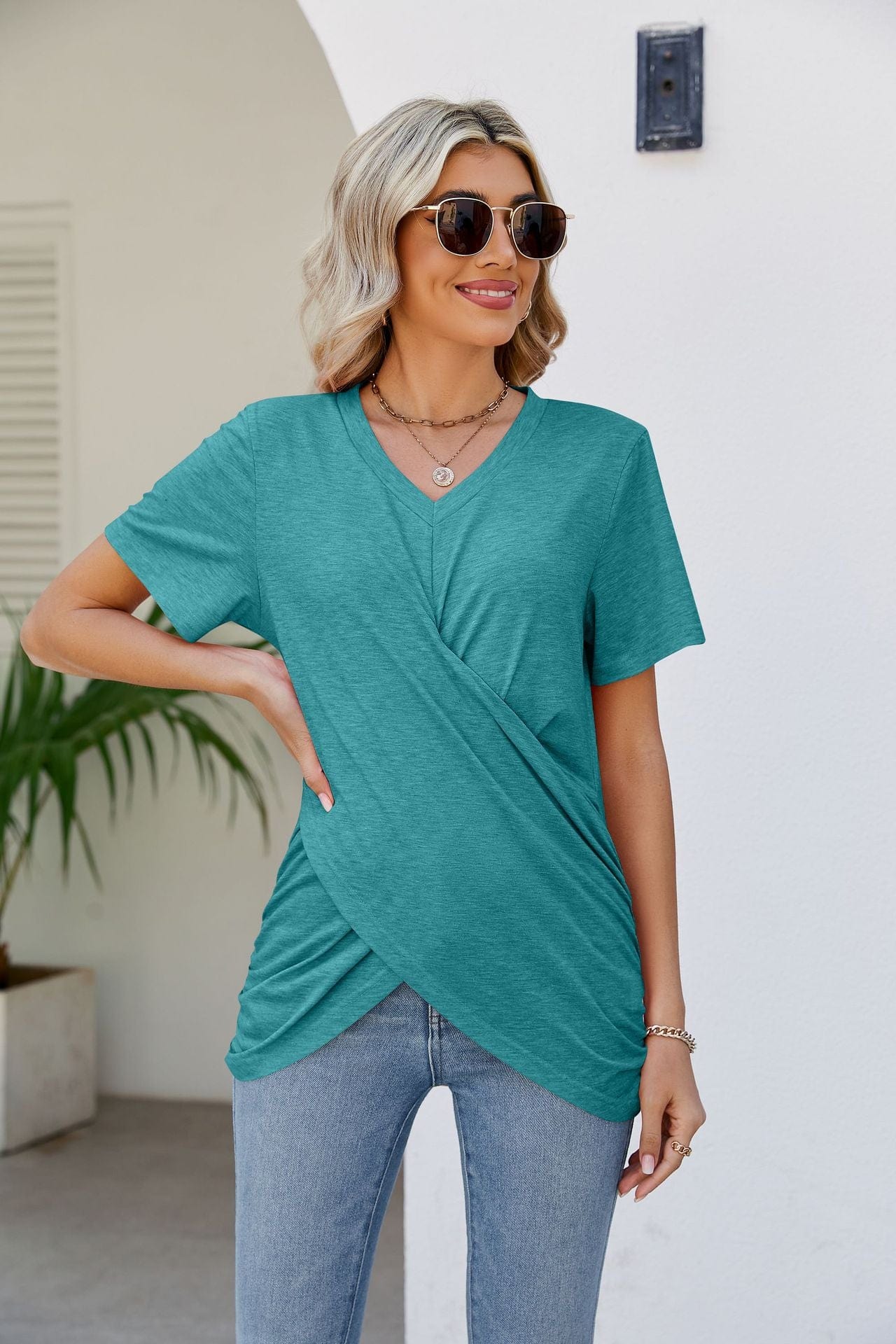 Full Size V-Neck Crisscross Short Sleeve Tee