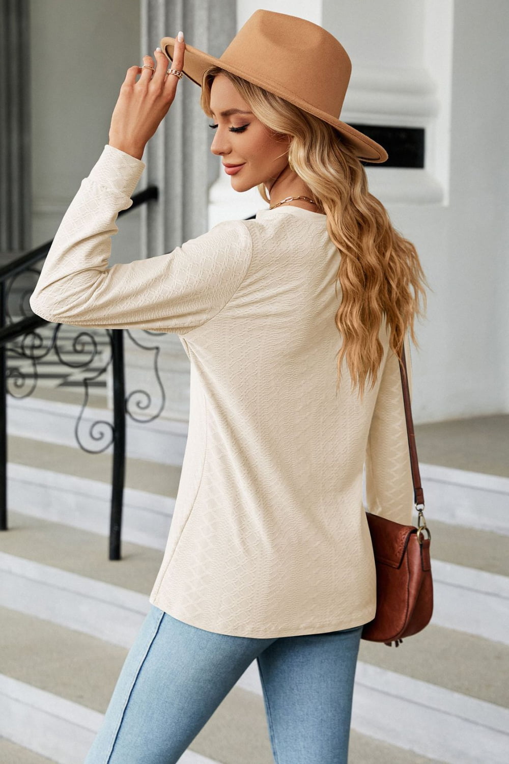 Full Size Notched Neck Long Sleeve Buttoned Blouse