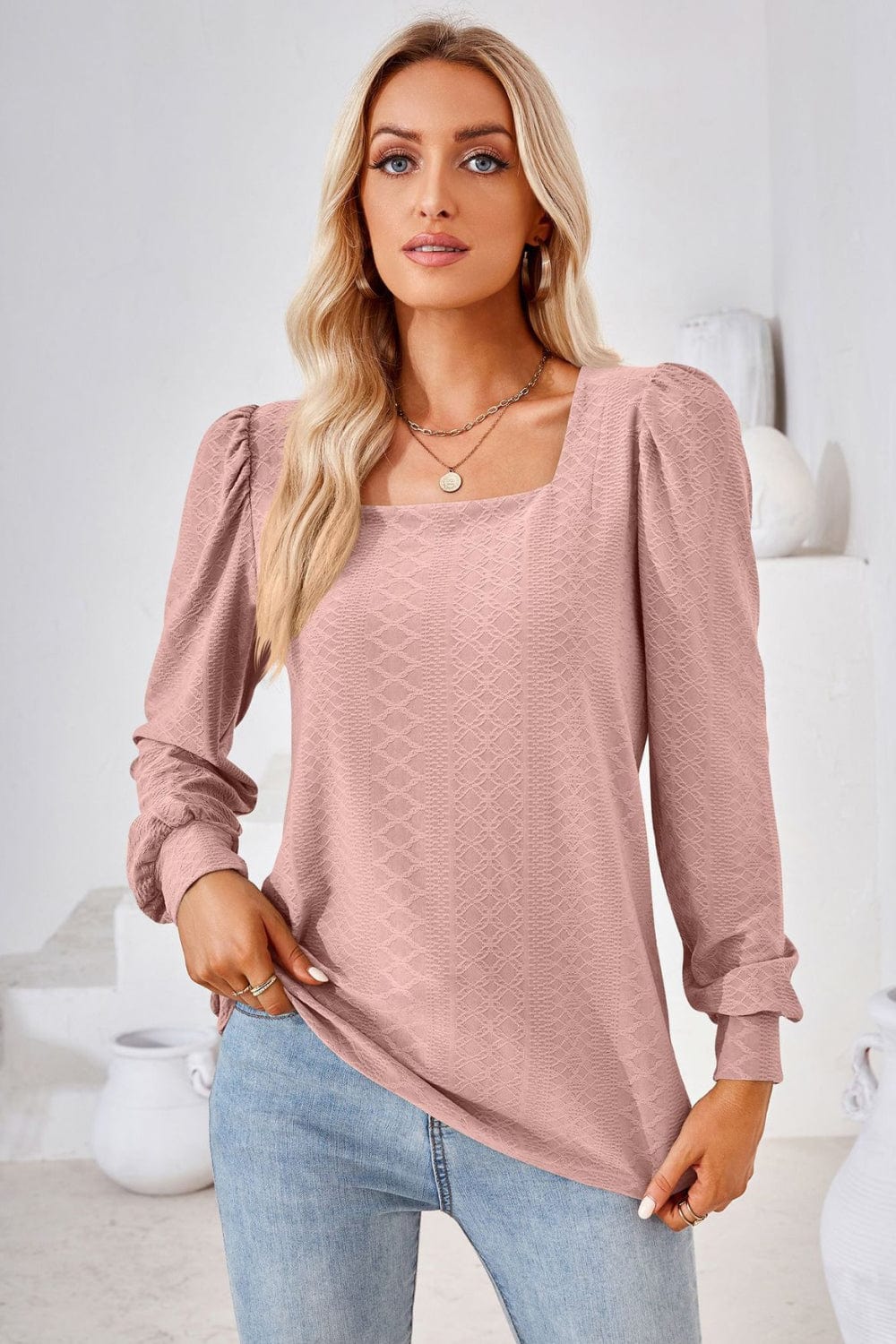 Full Size Square Neck Puff Sleeve Blouse