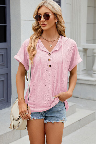 Eyelet Drawstring Hooded Short Sleeve Blouse