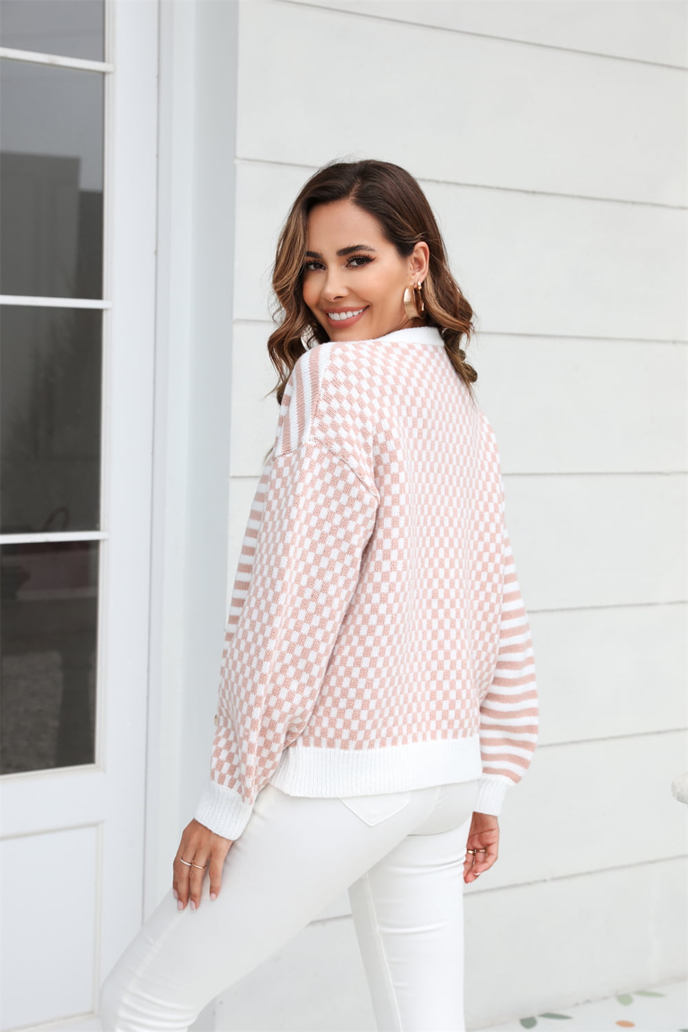 Sophia & Grace Button-Down Stripe & Plaid Contrast Pattern Cardigan