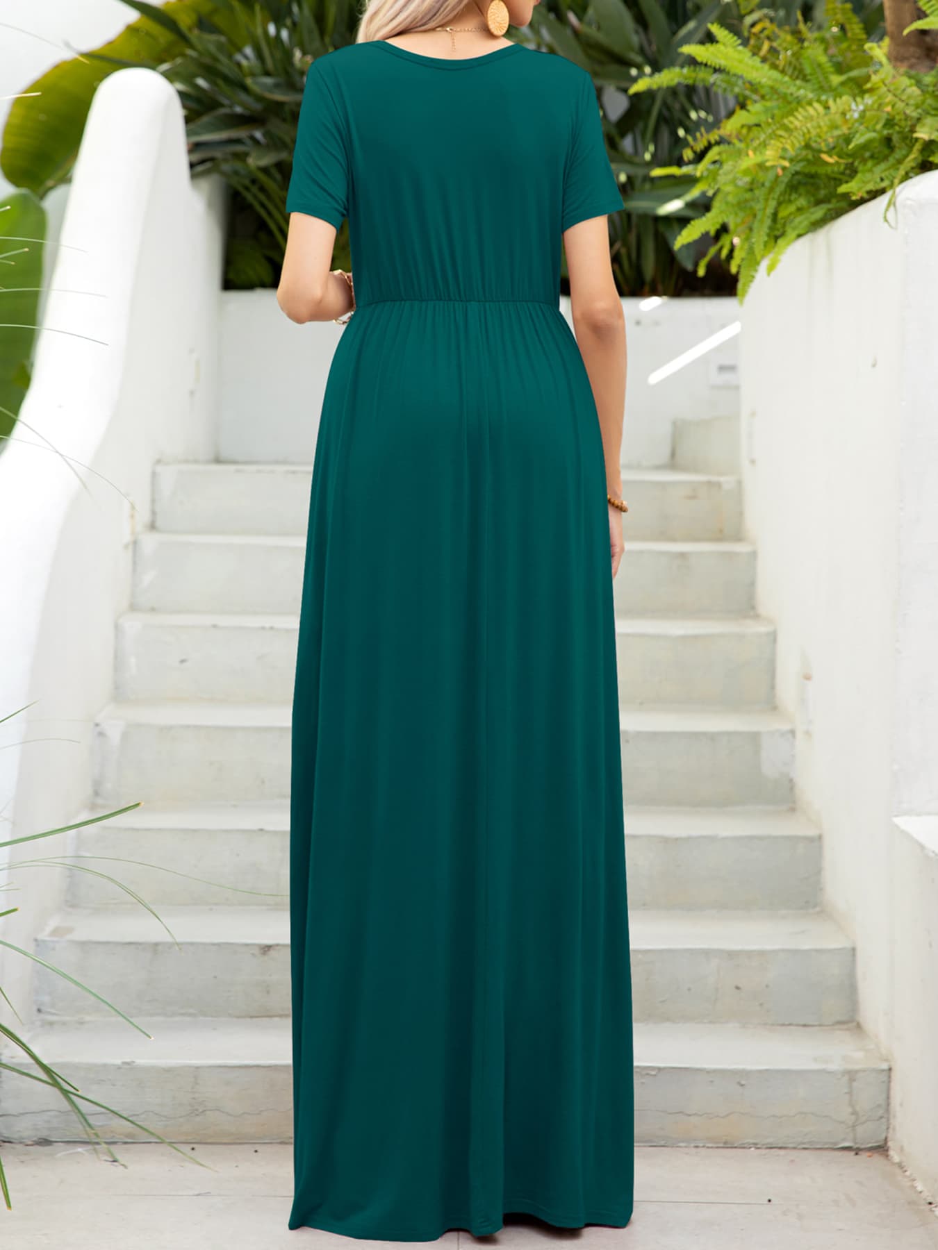 OCEANSIDE Round Neck Short Sleeve Maxi Dress with Pockets