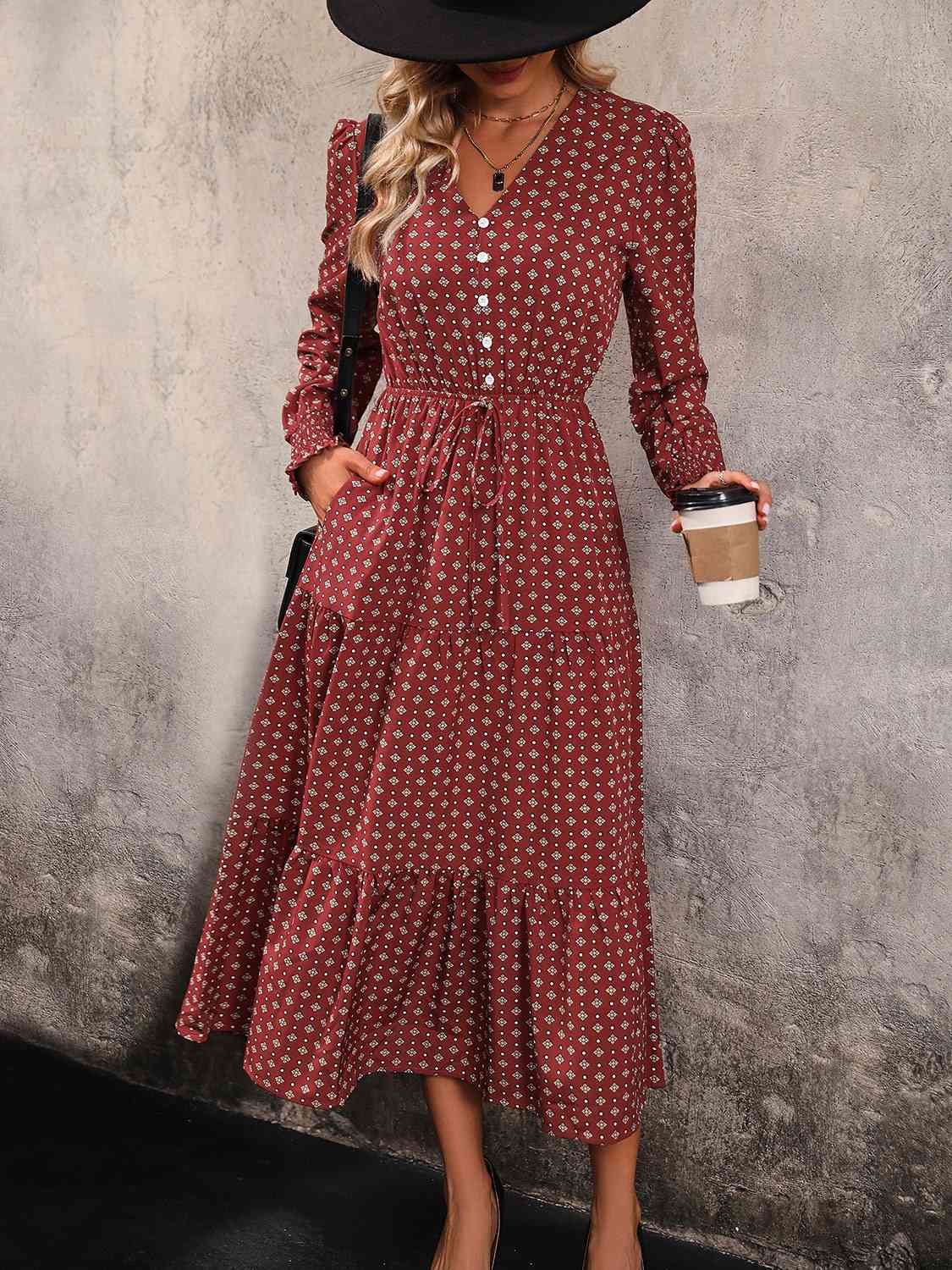 Wine Red Printed Tiered V-Neck Buttoned Midi Dress