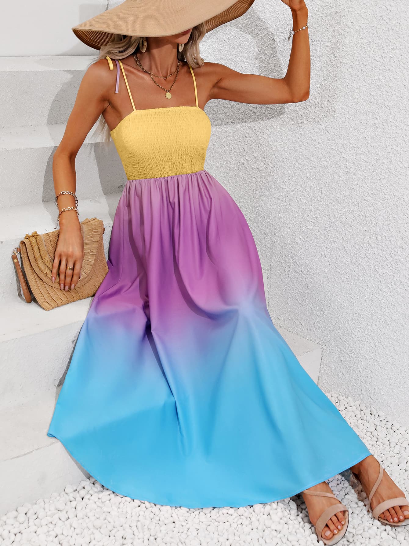 IdeationJovial Color Block Tie Shoulder Smocked Maxi Dress