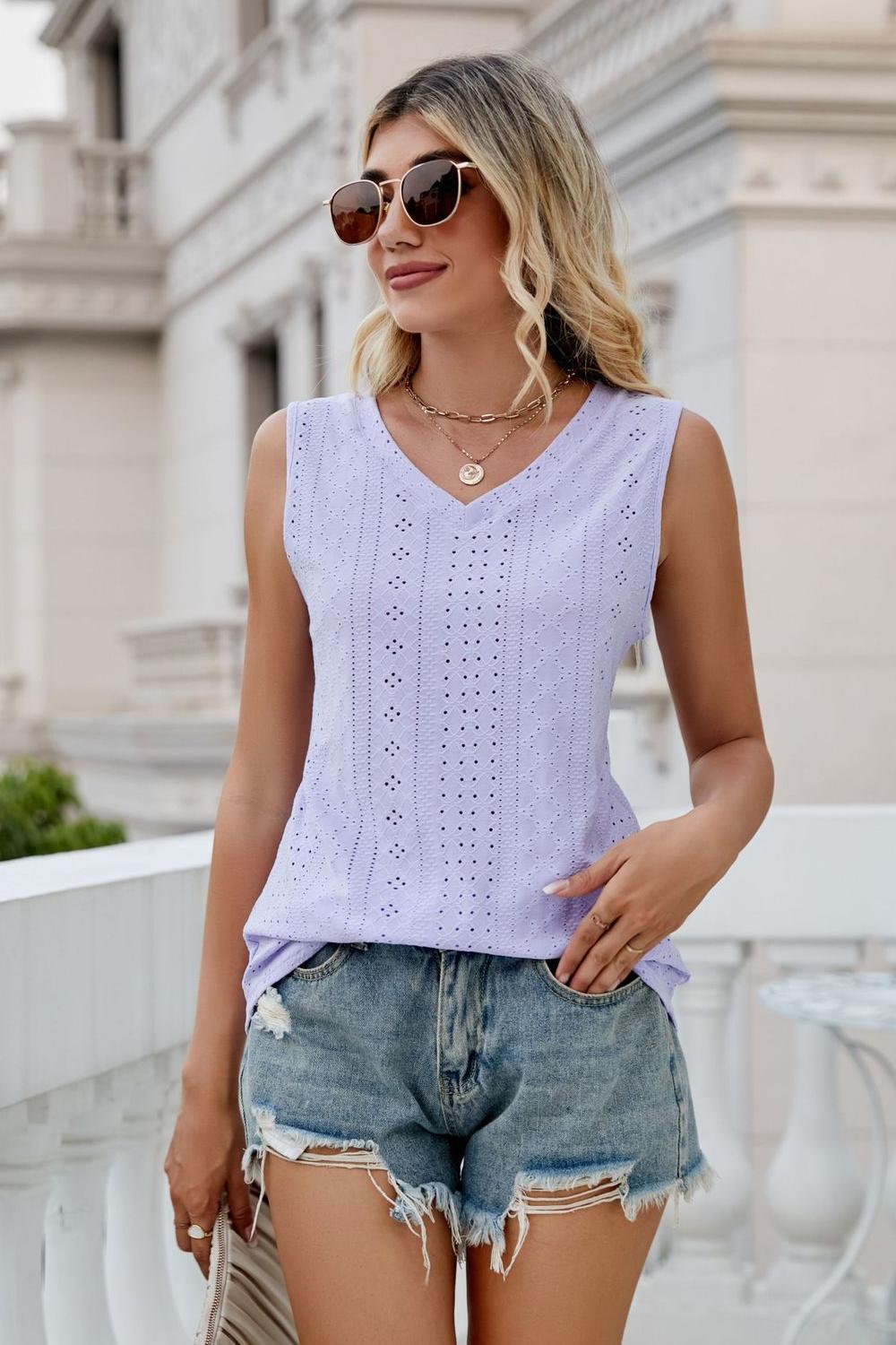 SALTYCHIC Full Size Eyelet V-Neck Tank