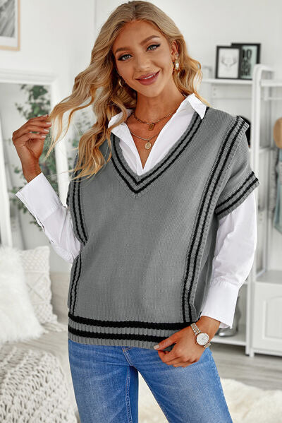 Striped V-Neck Short Sleeve Sweater