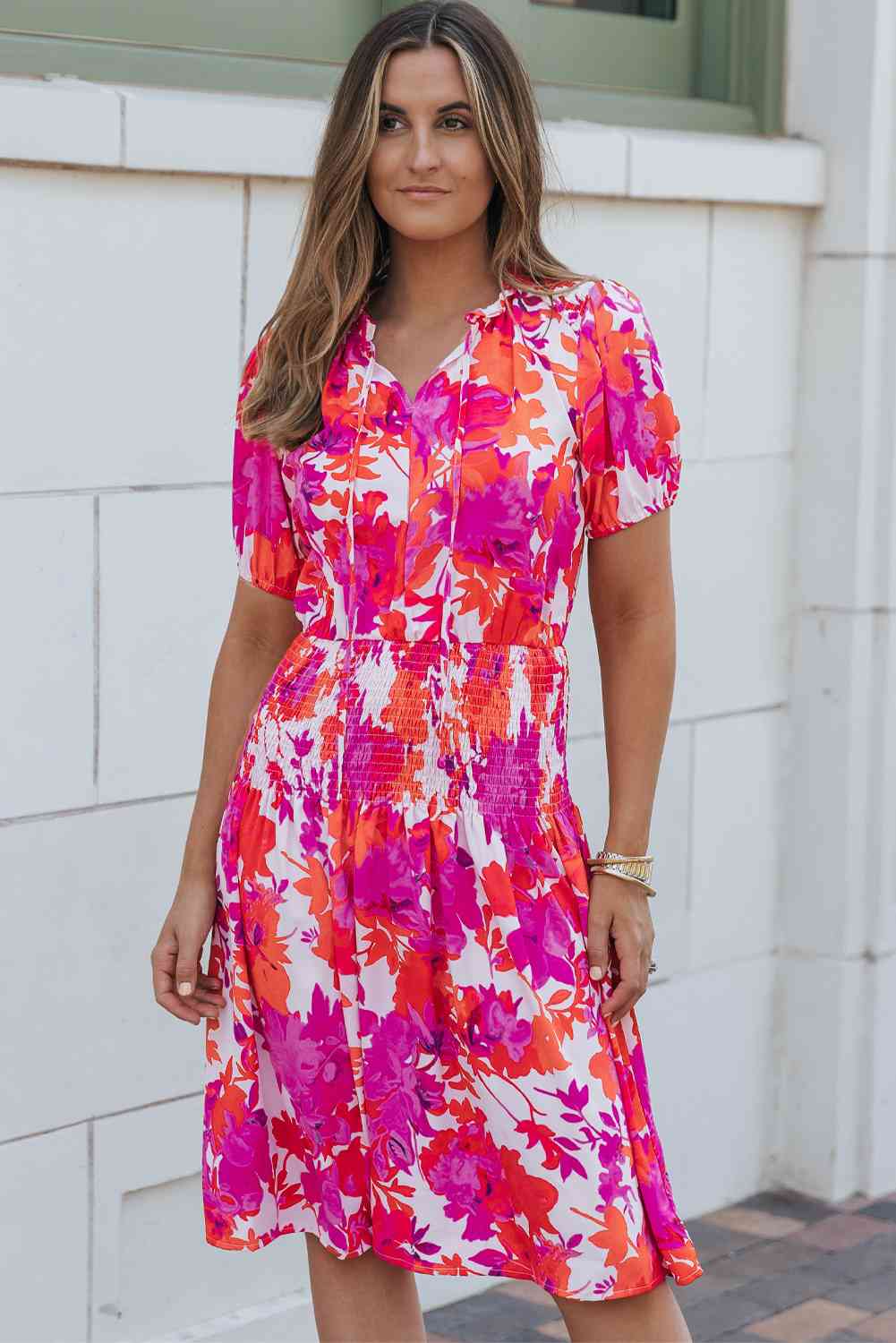 Smocked Printed Tie Neck Short Sleeve Dress