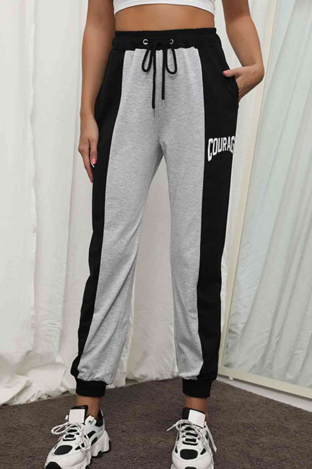 BasicBabe COURAGE Graphic Color Block Gray Black Drawstring Joggers