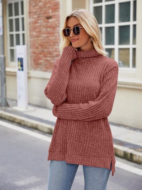 Laken Jay Ribbed Turtleneck Long Sleeve Slit Knit Top