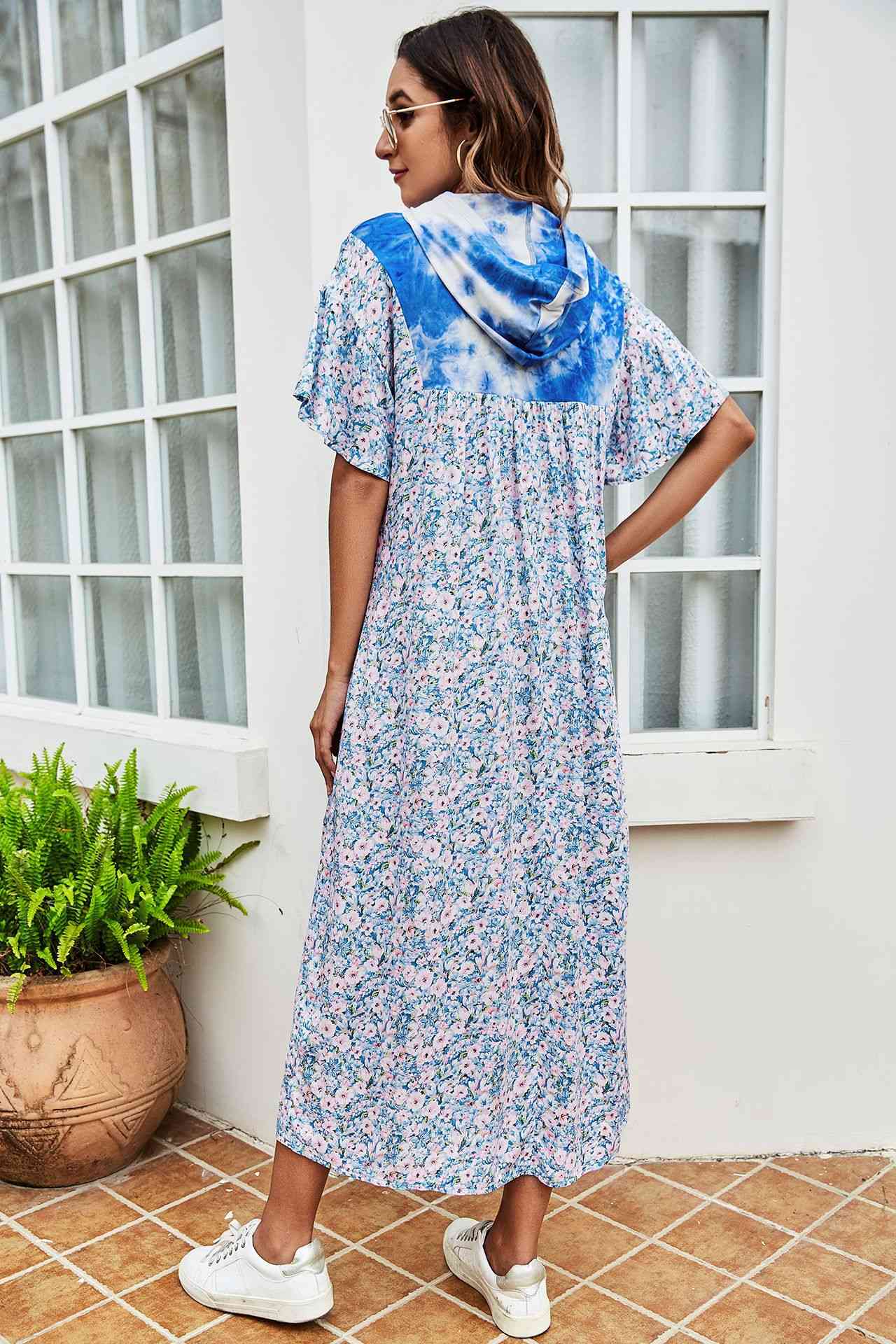 Blue Tie-Dye Floral Flutter Sleeve Hooded Dress