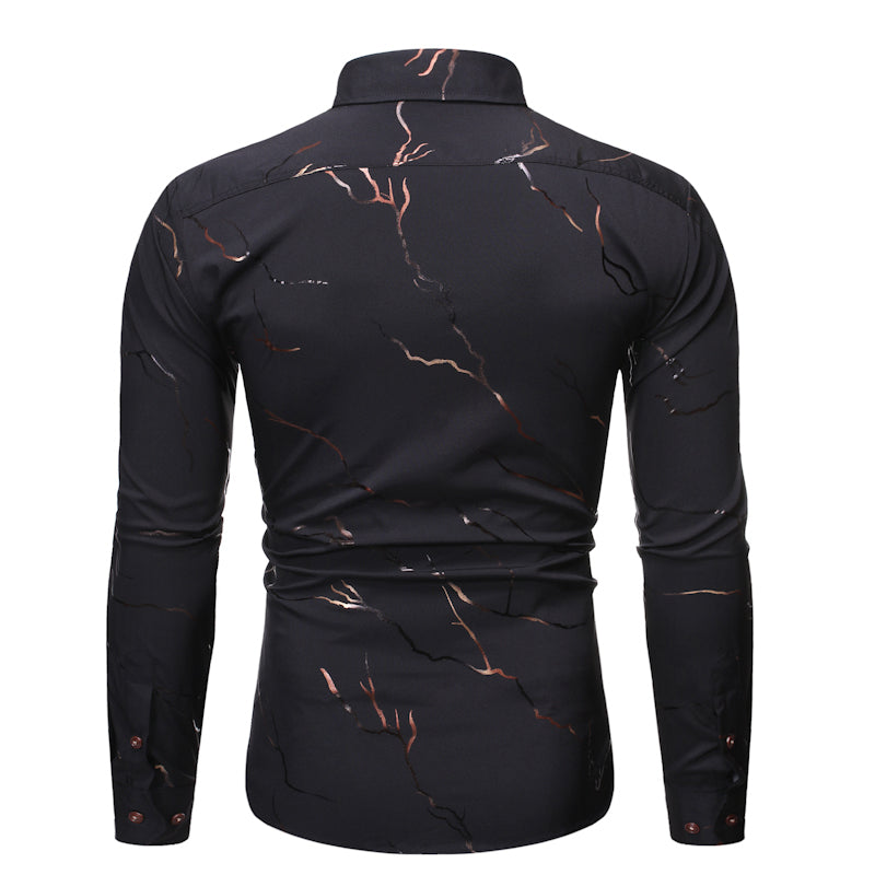 Men's Full Size Stand Collar Line Foil Print Long Sleeve Shirt